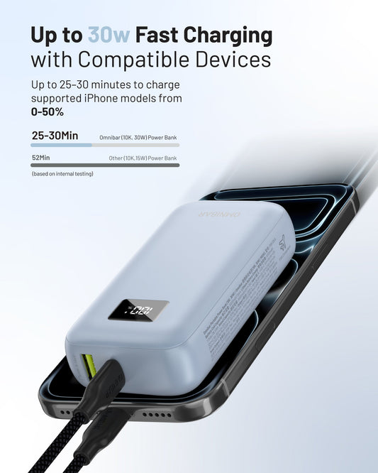 Omnibar 10,000mAh Portable Power Bank, PD30W, Ice Lake Blue