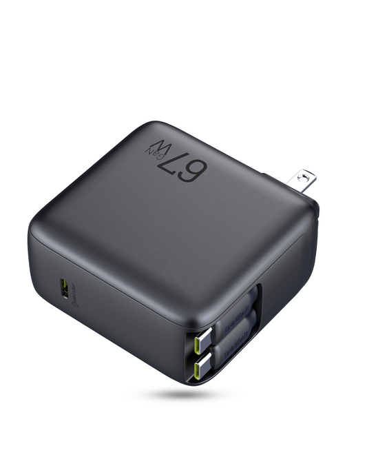Kumo 3-Port 67W USB Fast Charger,Buit-in Retractable Cable*2, Cosmic Black