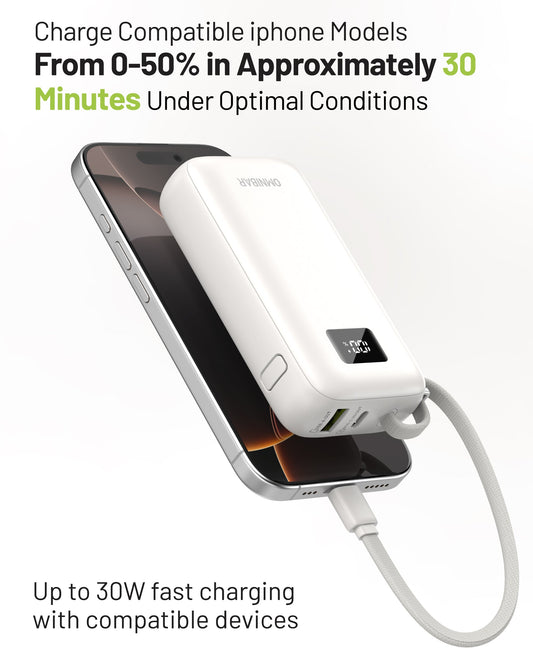 Zuma 10,000mAh Cable-Connect Power Bank, PD30W, Ivory White