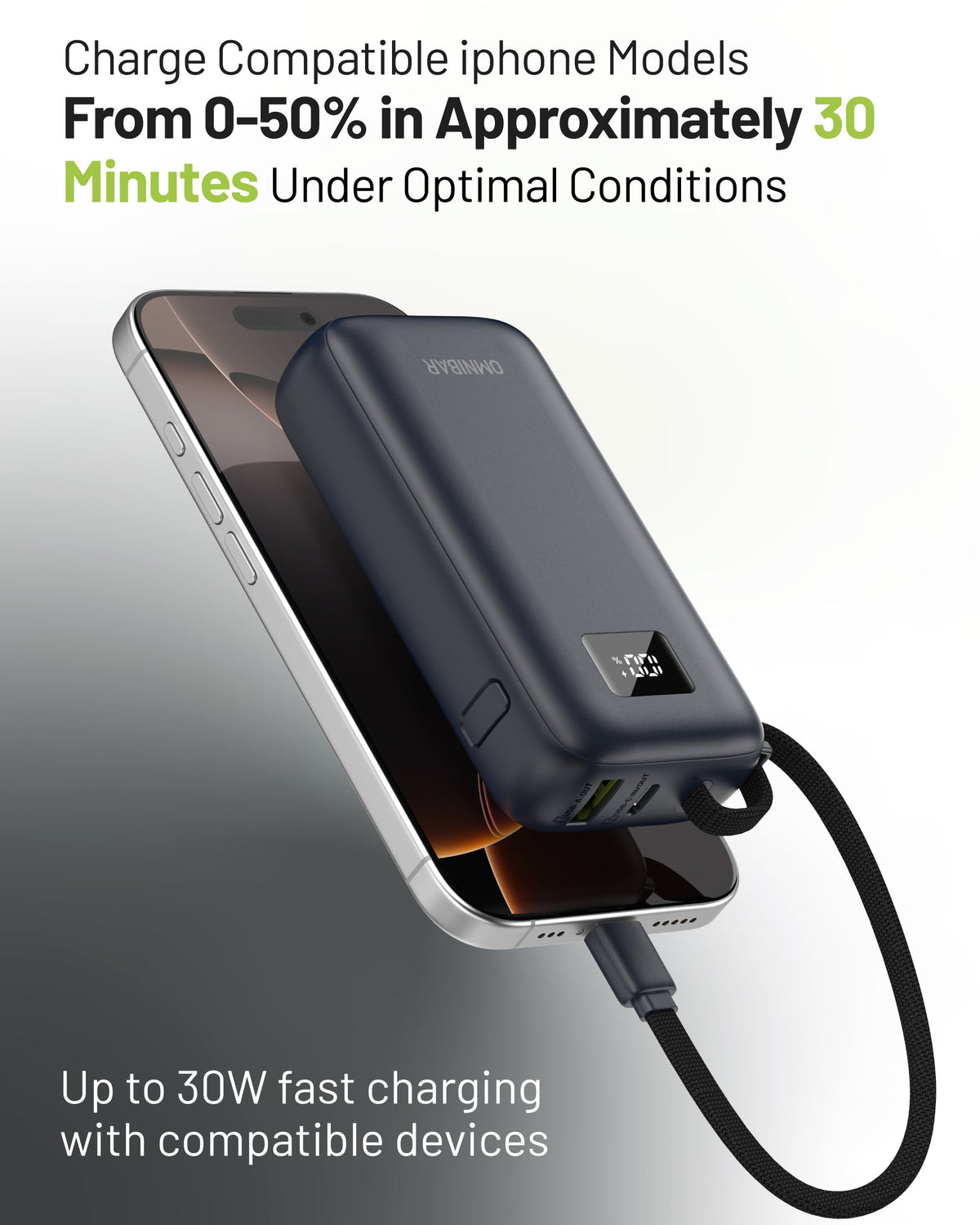 Zuma 10,000mAh Cable-Connect Power Bank, PD30W, Cosmic Black