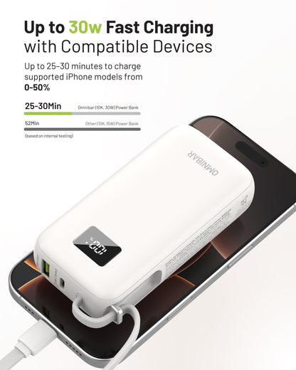 Zuma 10,000mAh Cable-Connect Power Bank, PD30W, Ivory White