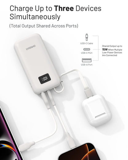 Zuma 10,000mAh Cable-Connect Power Bank, PD30W, Ivory White