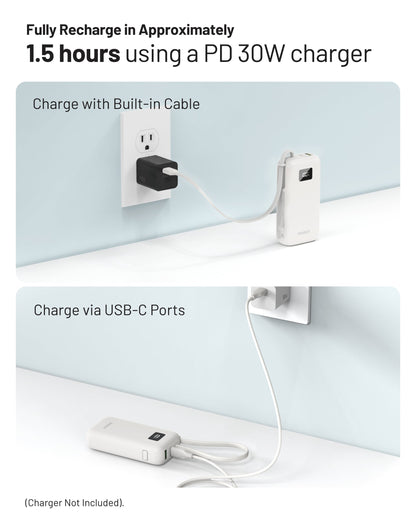 Zuma 10,000mAh Cable-Connect Power Bank, PD30W, Ivory White