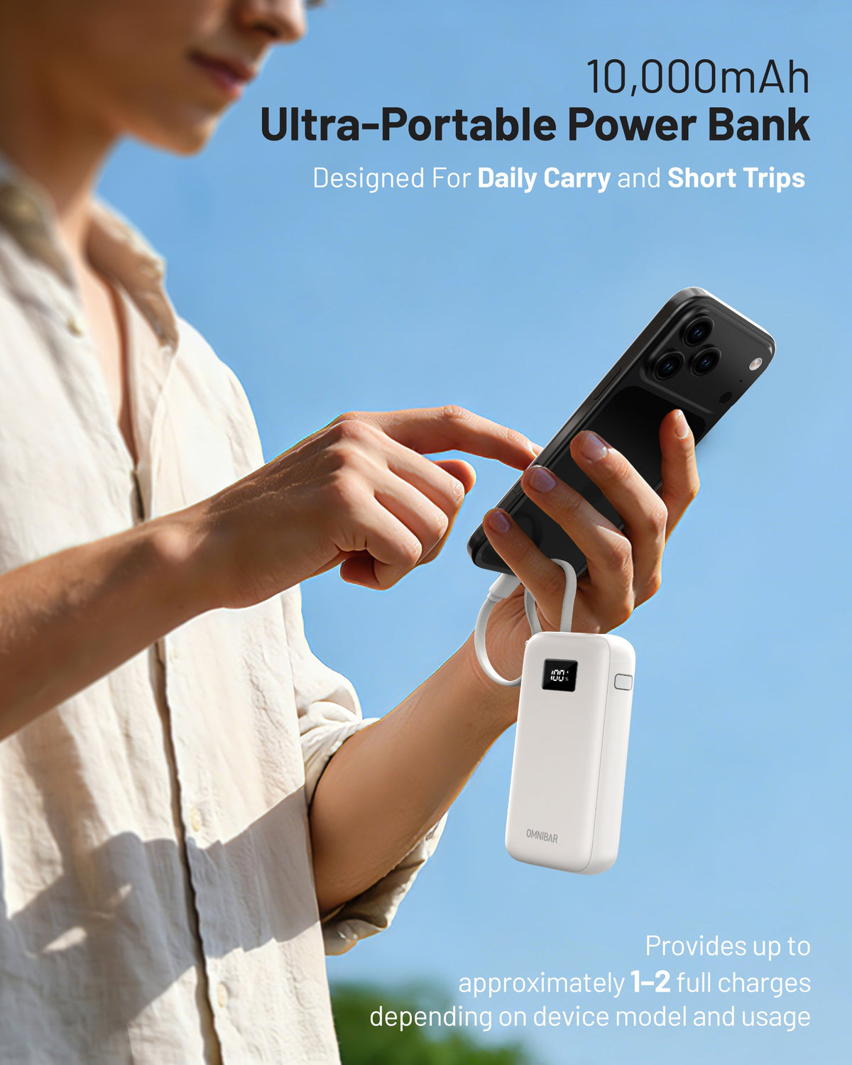 Zuma 10,000mAh Cable-Connect Power Bank, PD30W, Ivory White
