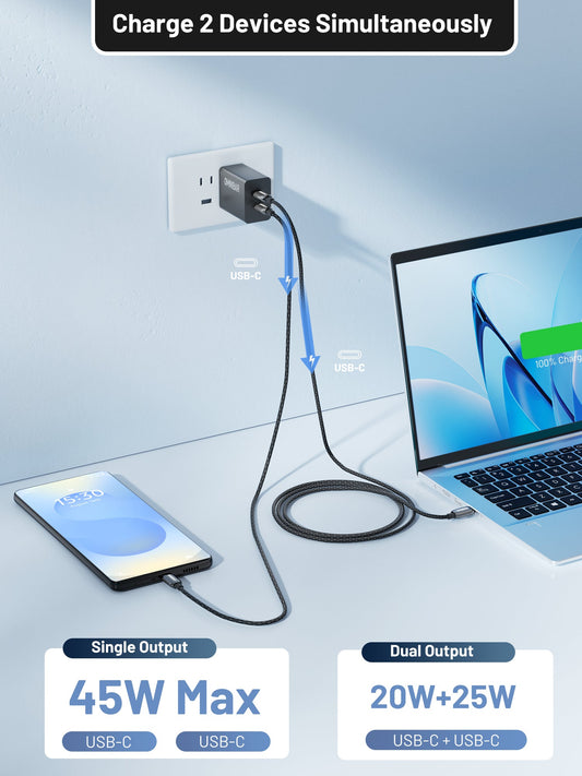 Pogo Dual USB-C GaN Wall Charger 45W, Black