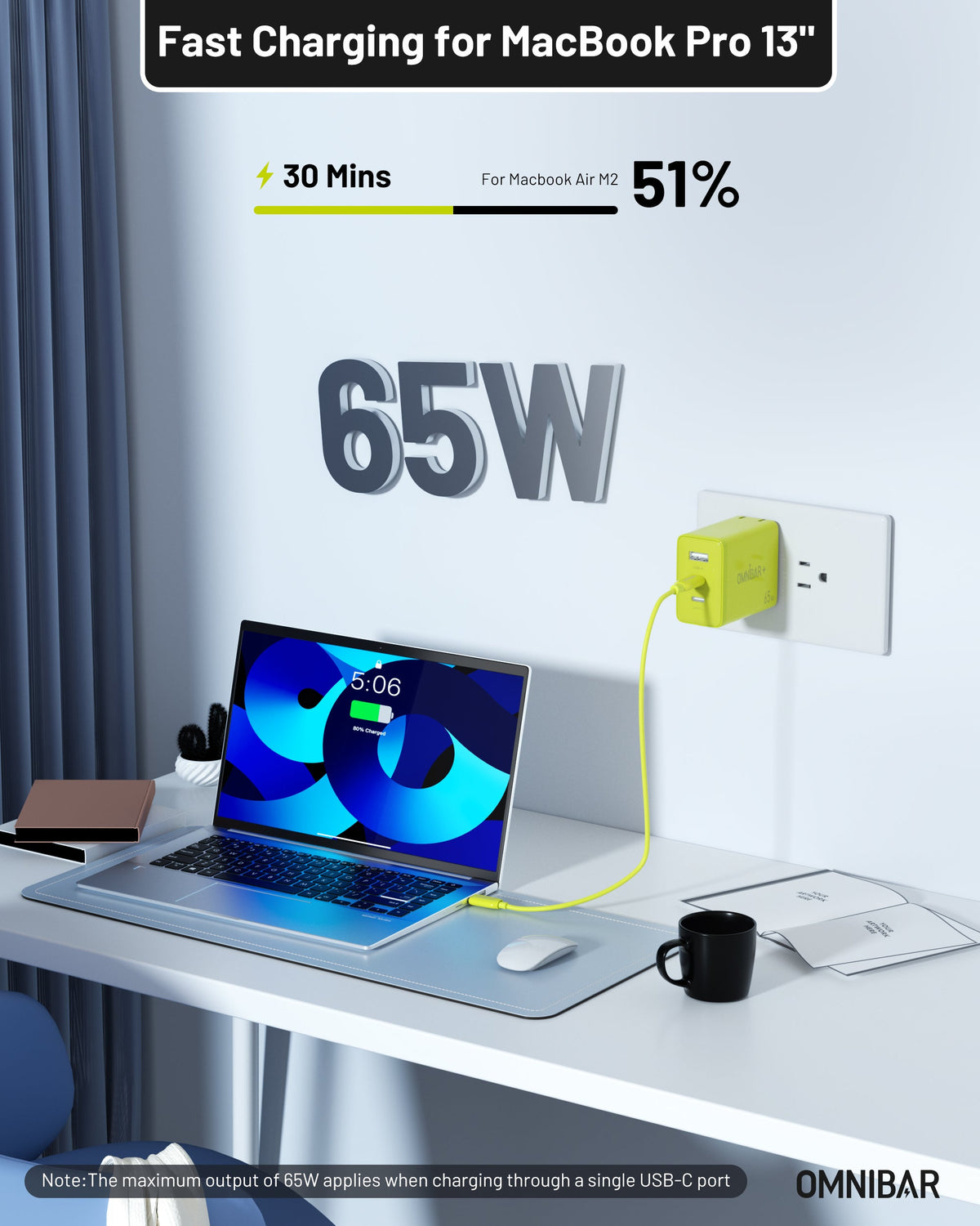 Juno 3-Port GaN Wall Charger 65W, Lime Green