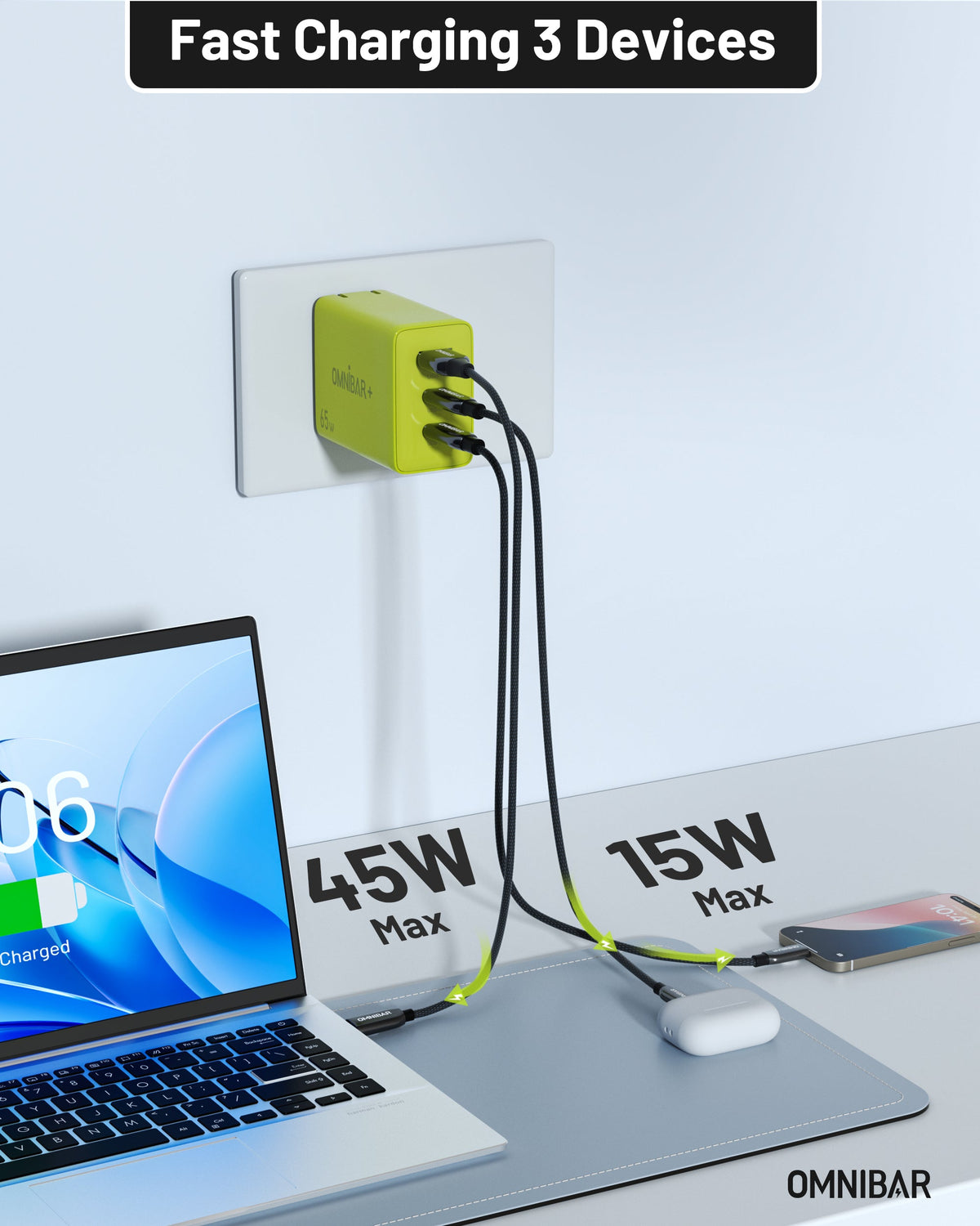 Juno 3-Port GaN Wall Charger 65W, Lime Green