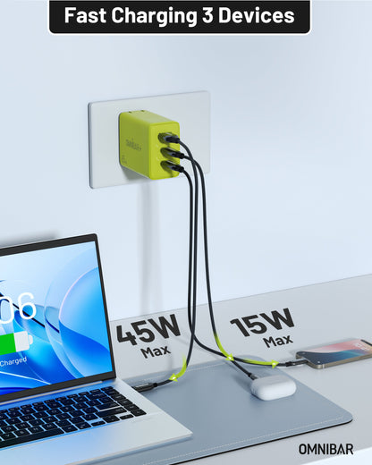 Juno 3-Port GaN Wall Charger 65W, Lime Green