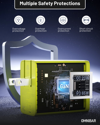 Juno 3-Port GaN Wall Charger 65W, Lime Green