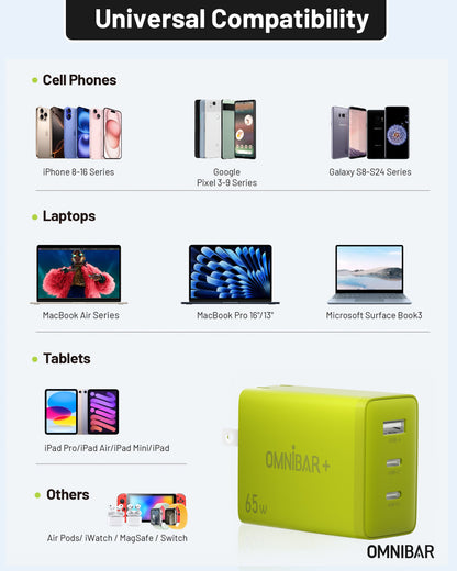 Juno 3-Port GaN Wall Charger 65W, Lime Green