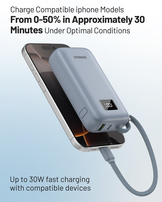 Zuma 10,000mAh Cable-Connect Power Bank, PD30W, Ice Lake Blue