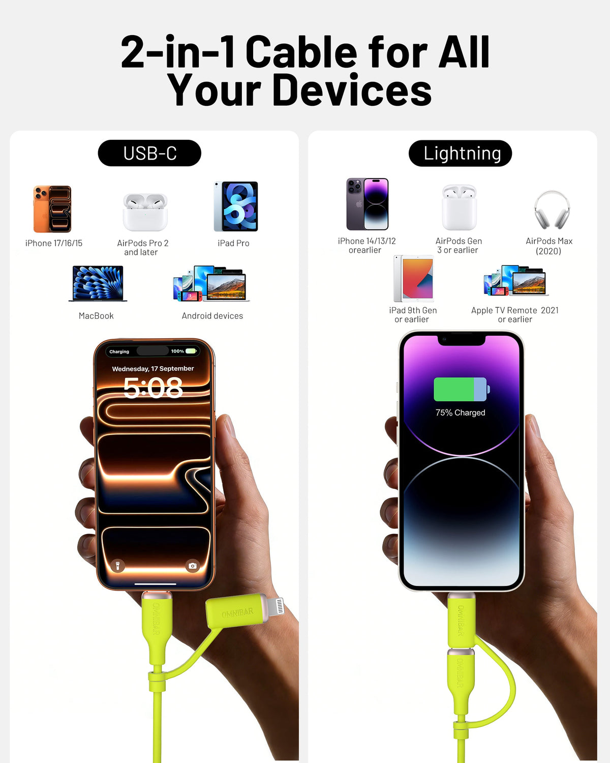 Yumi Silicone USB-C to USB-C Cable with Lightning Adapter (6FT, 240W, Lime Green)