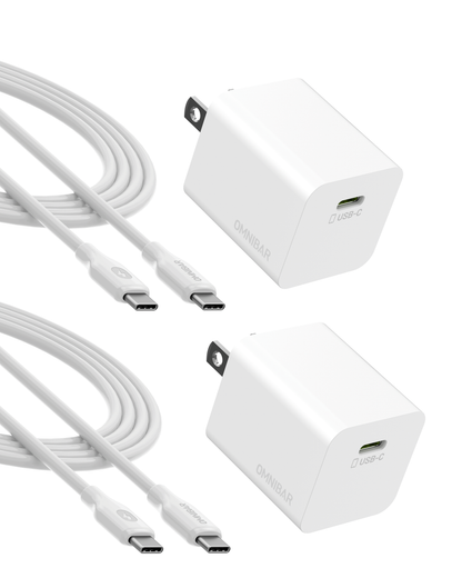Kumo 30W USB-C PD Wall Charger + USB-C to USB-C Cable, White, 2-Pack