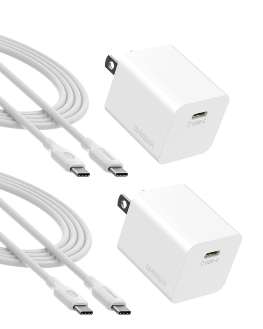 Kumo 30W USB-C PD Wall Charger + USB-C to USB-C Cable, White, 2-Pack