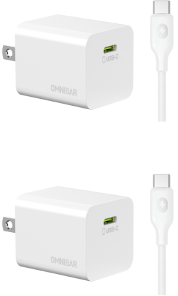 Kumo 30W USB-C PD Wall Charger + USB-C to USB-C Cable, White, 2-Pack