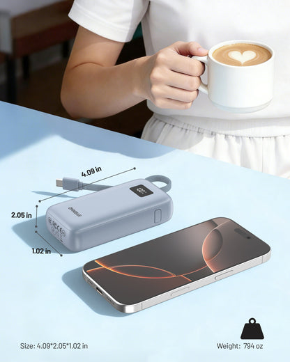 Zuma 10,000mAh Cable-Connect Power Bank, PD30W, Ice Lake Blue