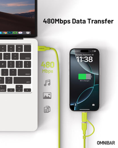 Yumi Silicone USB-C to USB-C Cable with Lightning Adapter (6FT, 240W, Lime Green)
