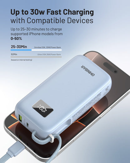 Zuma 10,000mAh Cable-Connect Power Bank, PD30W, Ice Lake Blue