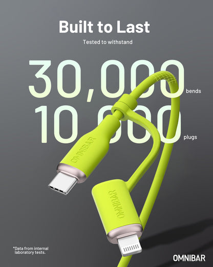 Yumi Silicone USB-C to USB-C Cable with Lightning Adapter (6FT, 240W, Lime Green)