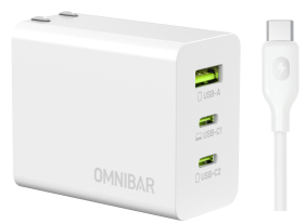 Kumo 65W 3-Port USB C Wall Charger + USB-C to USB-C Cable, White