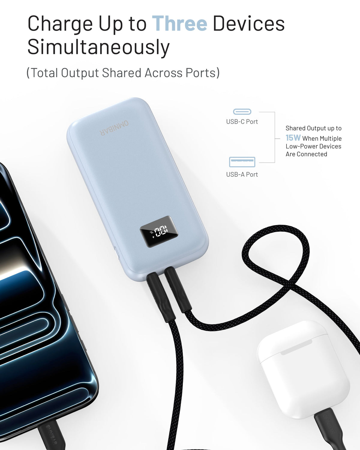 Omnibar 10,000mAh Portable Power Bank, PD30W, Ice Lake Blue
