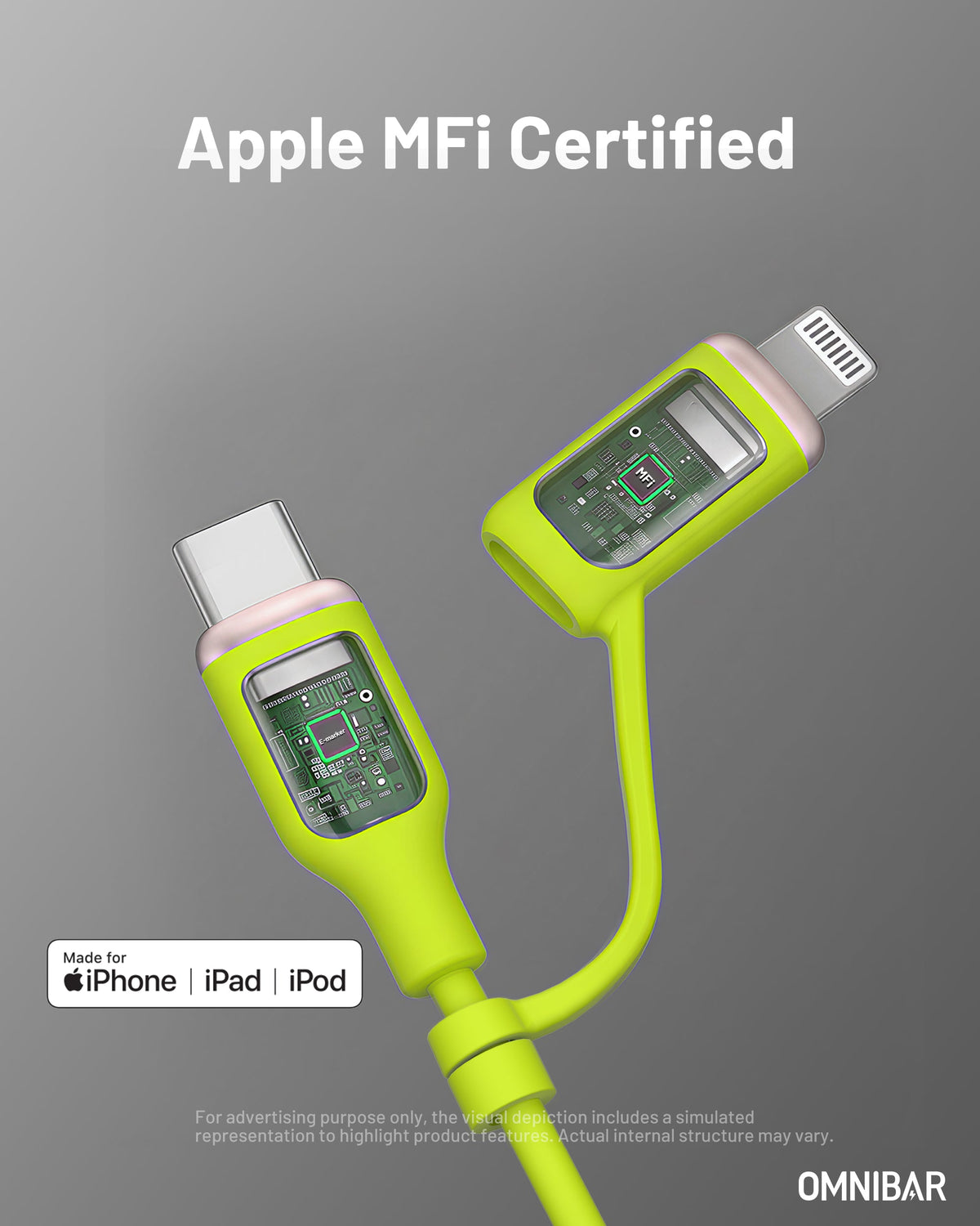 Yumi Silicone USB-C to USB-C Cable with Lightning Adapter (6FT, 240W, Lime Green)