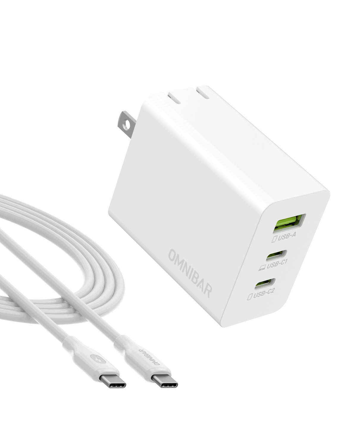 Kumo 65W 3-Port USB C Wall Charger + USB-C to USB-C Cable, White