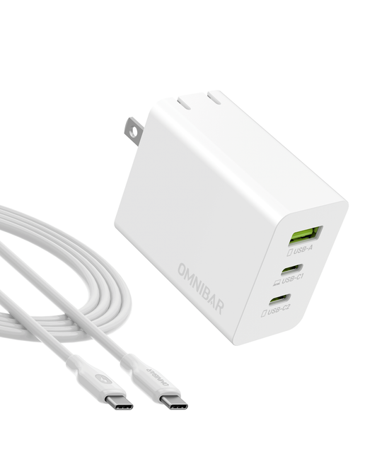 Kumo 65W 3-Port USB C Wall Charger + USB-C to USB-C Cable, White