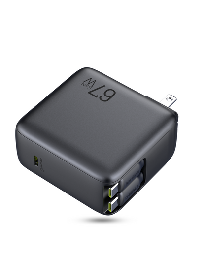 Kumo 3-Port 67W USB Fast Charger,Buit-in Retractable Cable*2, Cosmic Black