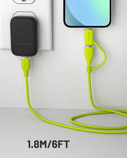 Yumi Silicone USB-C to USB-C Cable with Lightning Adapter (6FT, 240W, Lime Green)