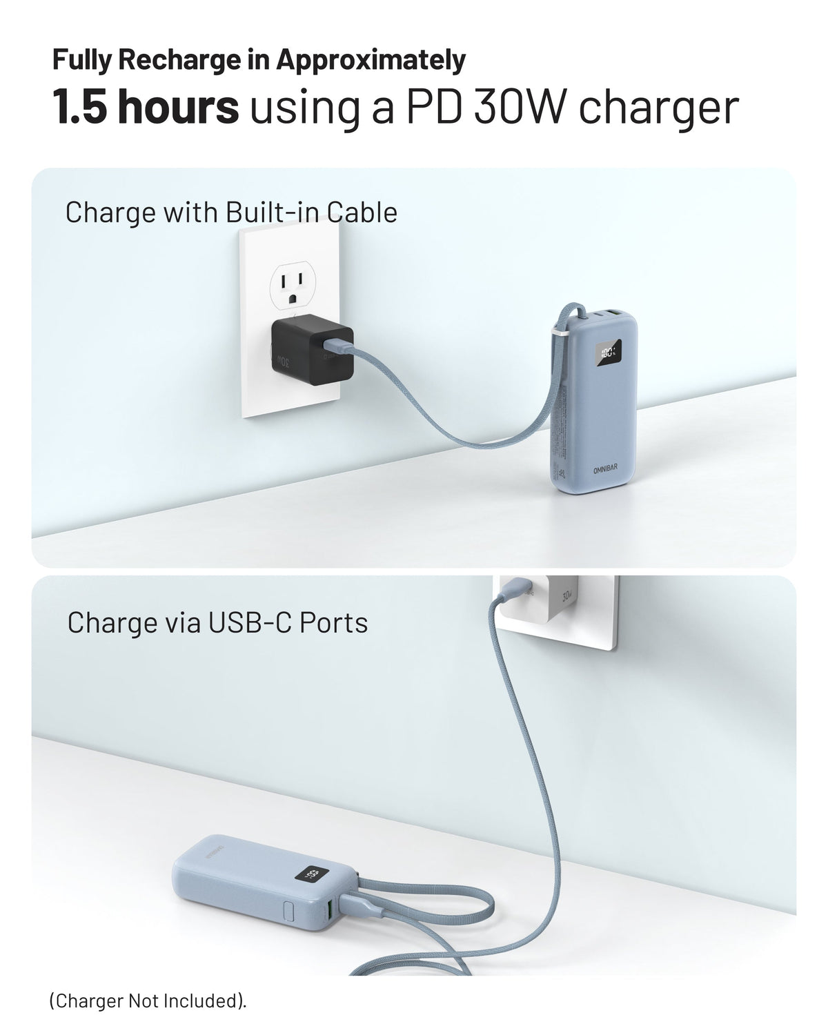 Zuma 10,000mAh Cable-Connect Power Bank, PD30W, Ice Lake Blue