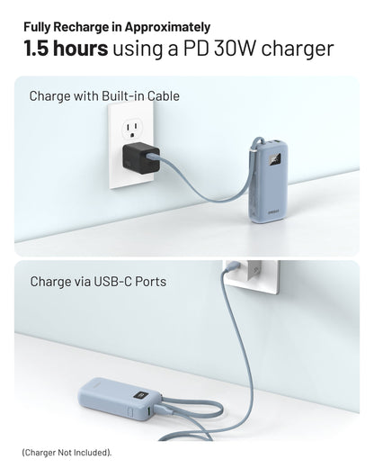 Zuma 10,000mAh Cable-Connect Power Bank, PD30W, Ice Lake Blue