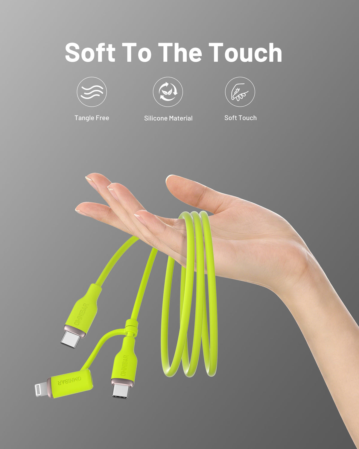 Yumi Silicone USB-C to USB-C Cable with Lightning Adapter (6FT, 240W, Lime Green)