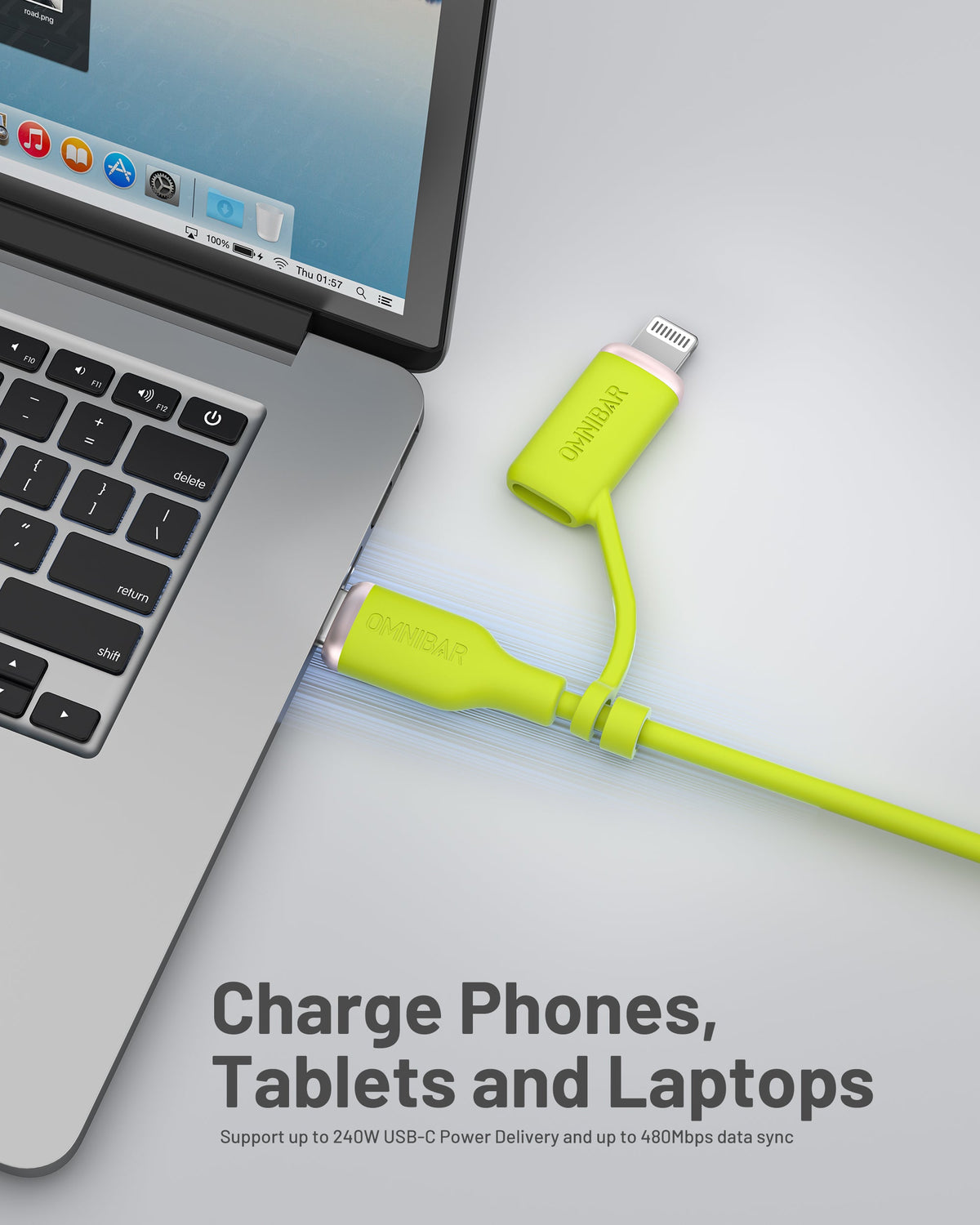Yumi Silicone USB-C to USB-C Cable with Lightning Adapter (6FT, 240W, Lime Green)