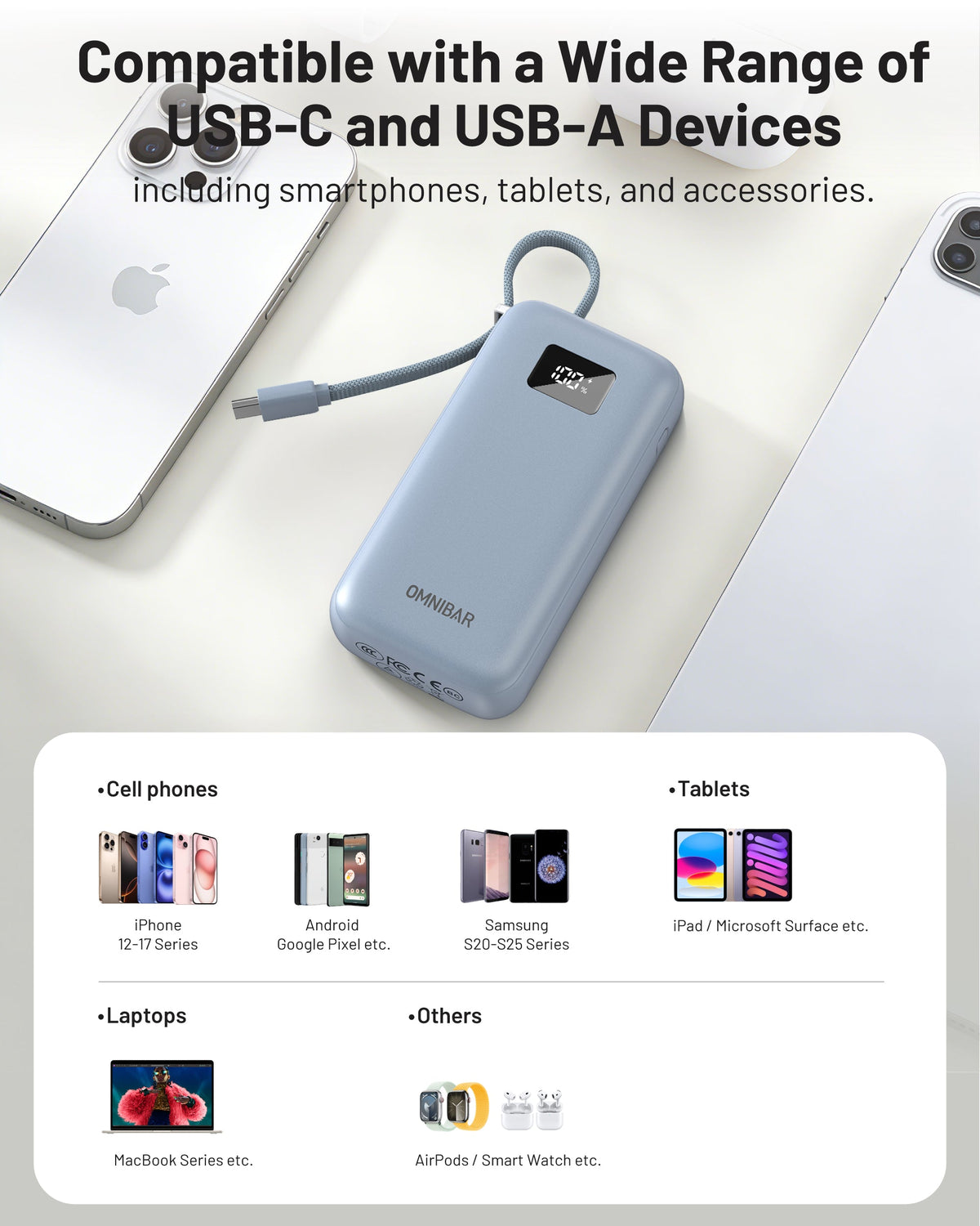 Zuma 10,000mAh Cable-Connect Power Bank, PD30W, Ice Lake Blue