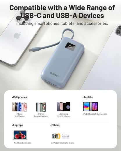 Zuma 10,000mAh Cable-Connect Power Bank, PD30W, Ice Lake Blue