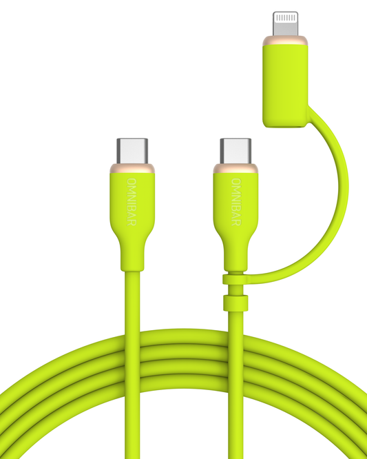 Yumi Silicone USB-C to USB-C Cable with Lightning Adapter (6FT, 240W, Lime Green)
