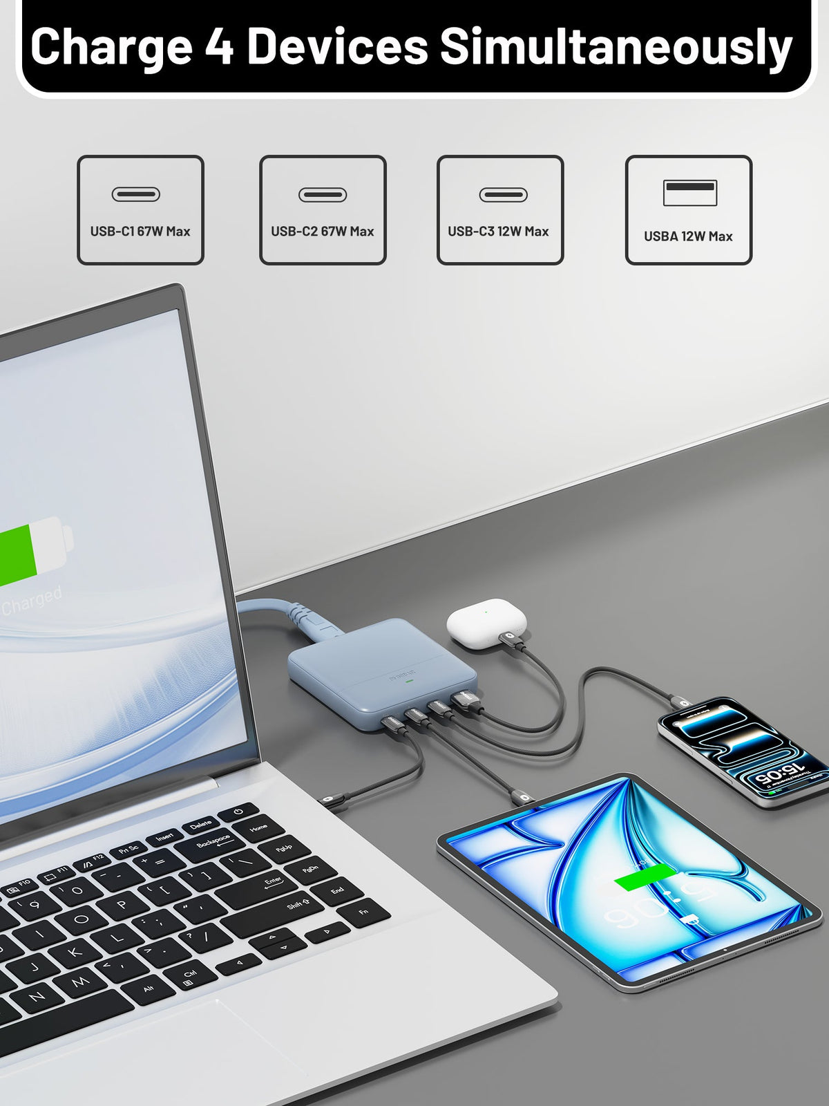 Omnibar 67W 4-Port Slim Charging Station, Ice Lake Blue